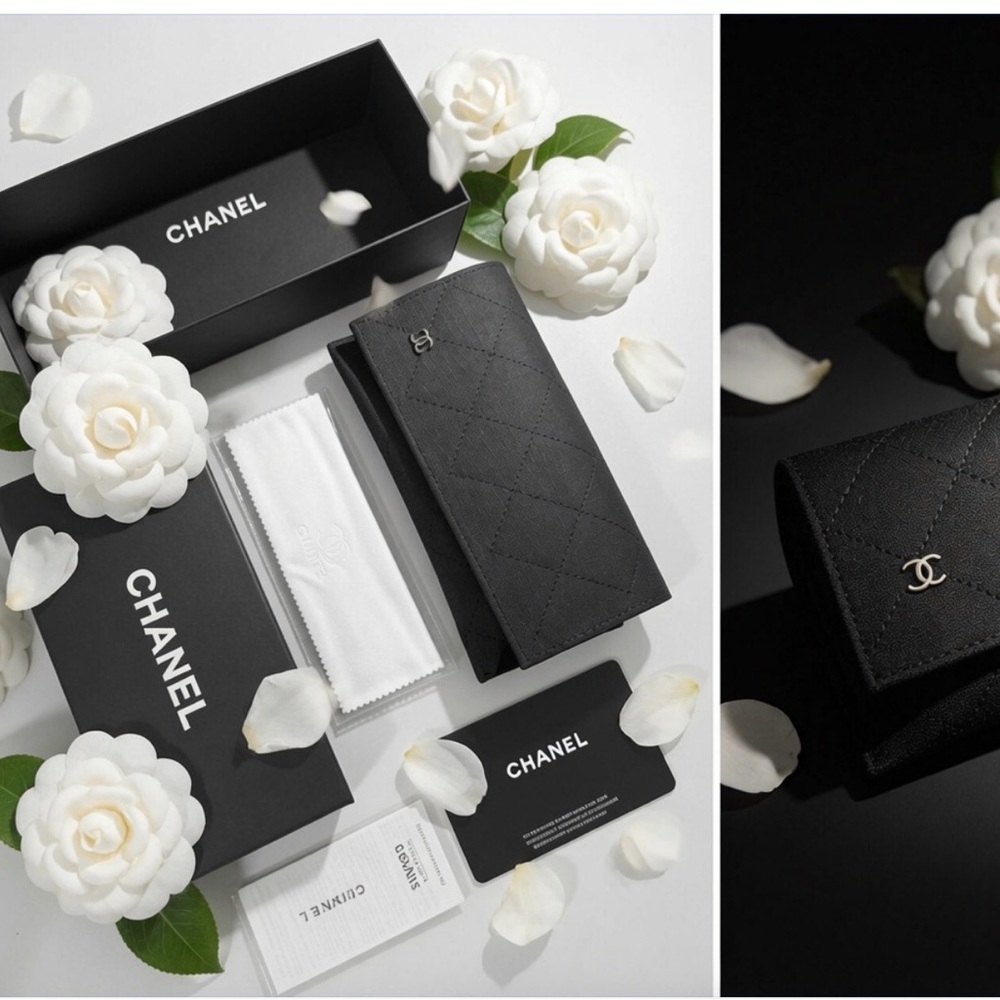 CHANEL Black Quilted eye glass or sunglass case with Silver CC